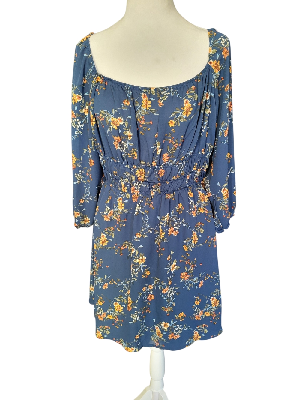 AUW Blue Floral Long Sleeve Smocked Waist Dress